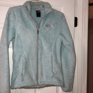 baby blue fuzzy North Face jacket